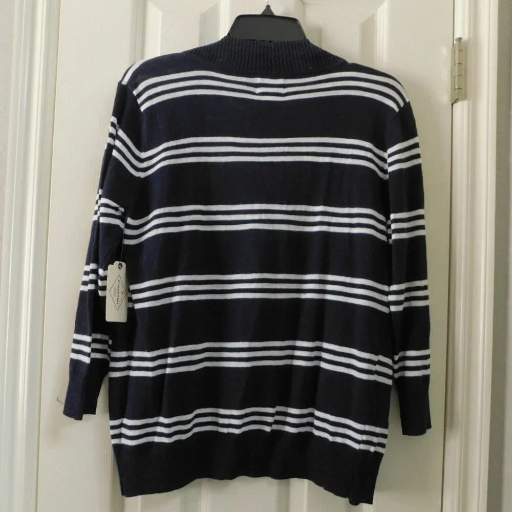 ST. JOHN’S BAY Open Front Cardigan 3/4 Sleeve Stripe Navy Womens Large